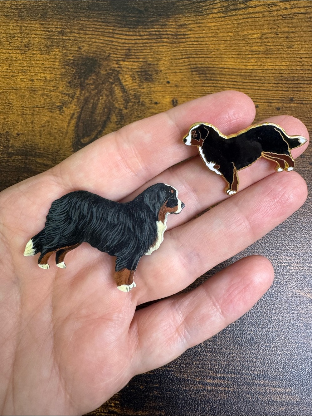 Vintage Black, Brown & White Bernese Mountain Dog Brooch Pins